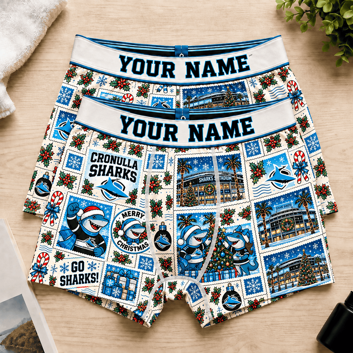 Cronulla-Sutherland Sharks NRL Christmas Pattern Men Boxers Custom Any Name
