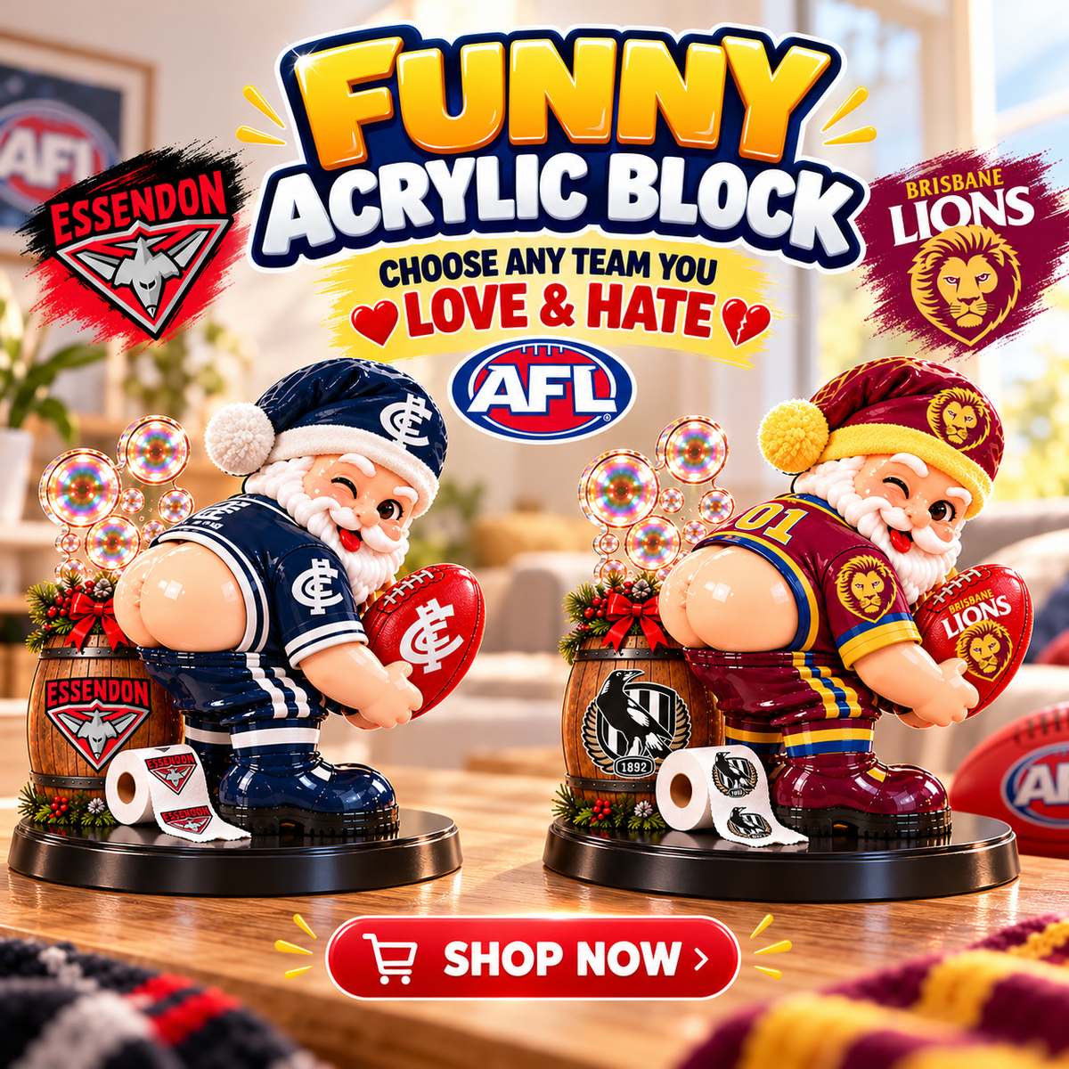 AFL Santa Clause Funny Acrylic Block Plaque| Choose Team You Love & Hate