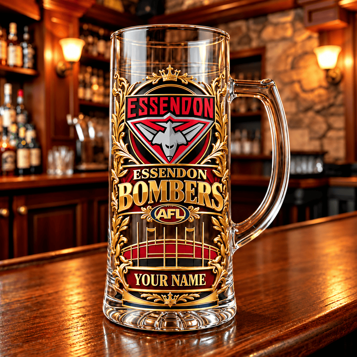 Essendon Bombers AFL NEW HANDLE GLASS MUG CUSTOM ANY NAME GIFTS