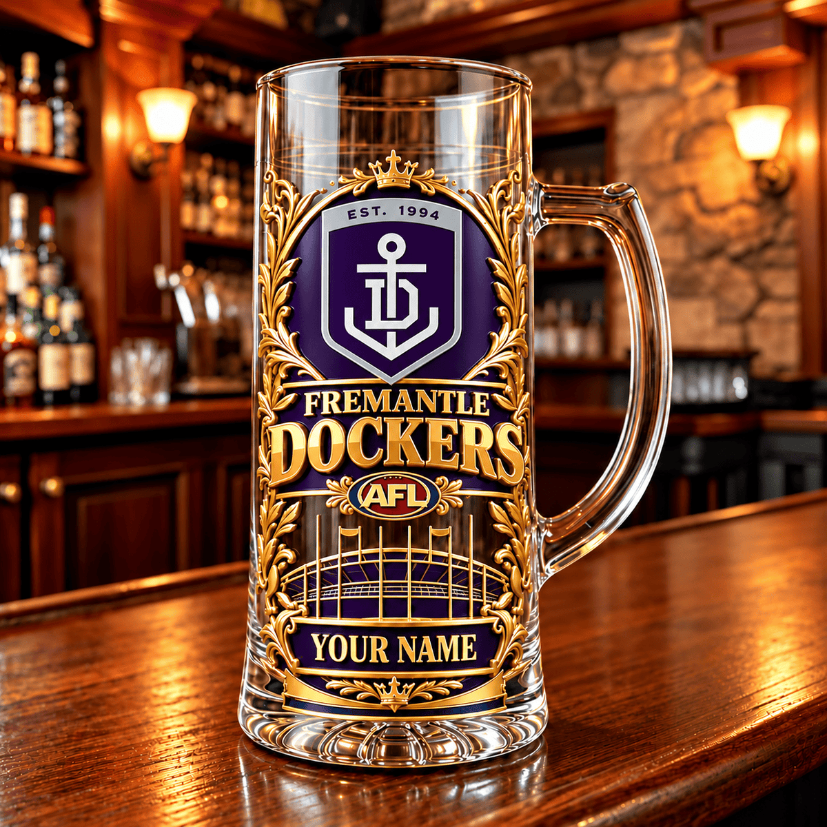 Fremantle Dockers AFL NEW HANDLE GLASS MUG CUSTOM ANY NAME GIFTS