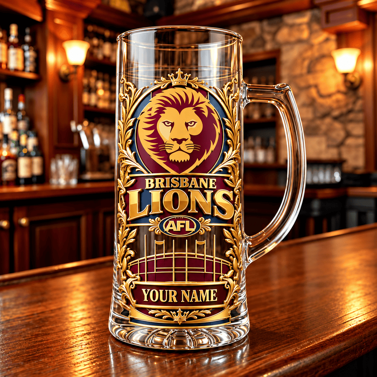 Brisbane Lions AFL NEW HANDLE GLASS MUG CUSTOM ANY NAME GIFTS