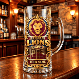 Brisbane Lions AFL NEW HANDLE GLASS MUG CUSTOM ANY NAME GIFTS