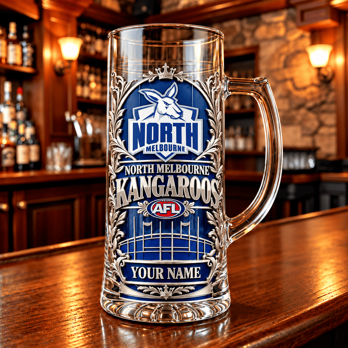 North Melbourne Kangaroos AFL NEW HANDLE GLASS MUG CUSTOM ANY NAME GIFTS