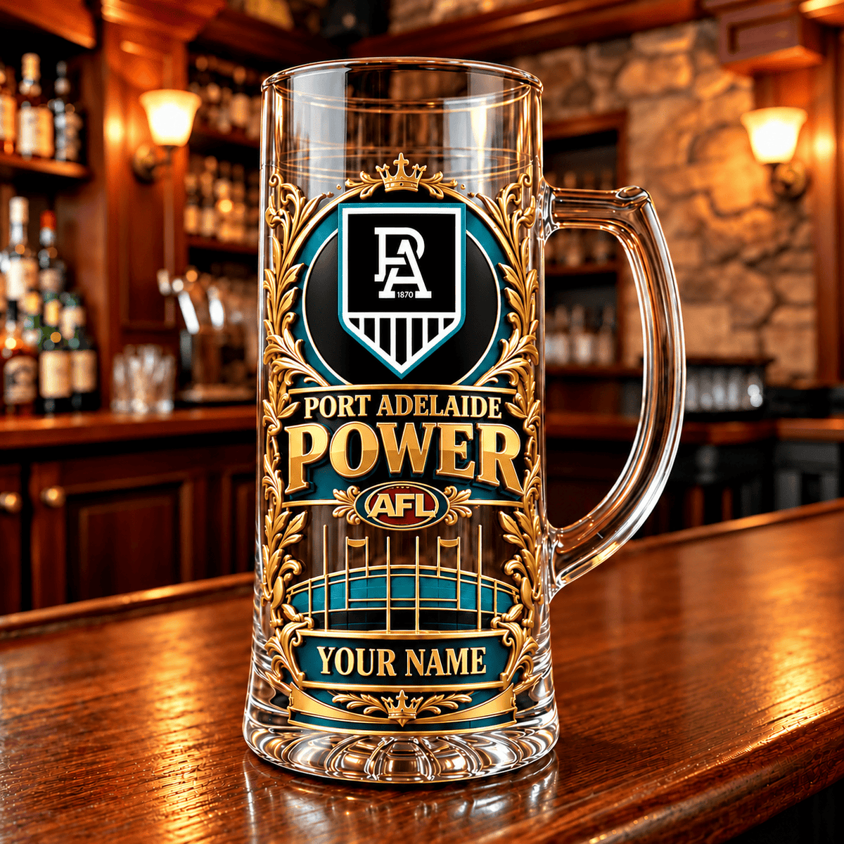 Port Adelaide Power AFL NEW HANDLE GLASS MUG CUSTOM ANY NAME GIFTS