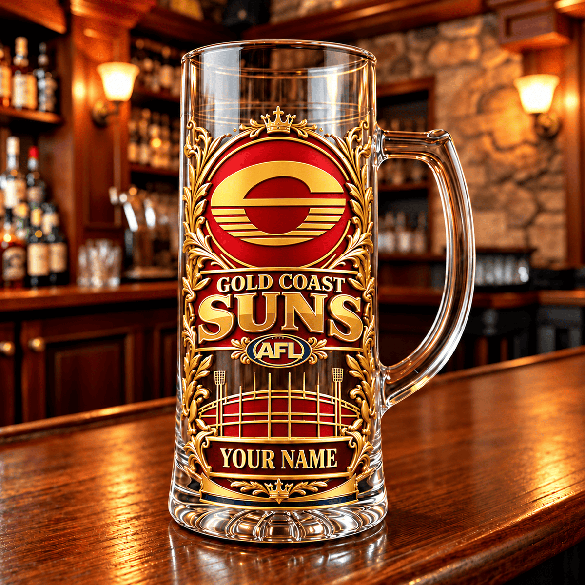 Gold Coast Suns AFL NEW HANDLE GLASS MUG CUSTOM ANY NAME GIFTS