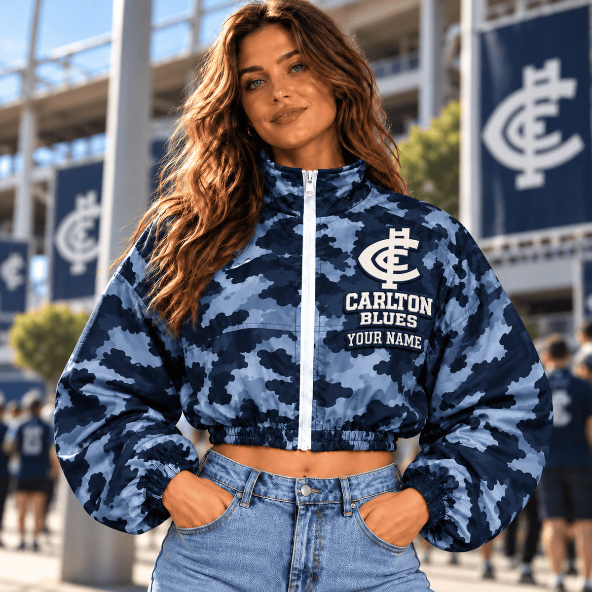 Carlton Blues AFL Special Woman Short Zip Jacket Custom Any Name