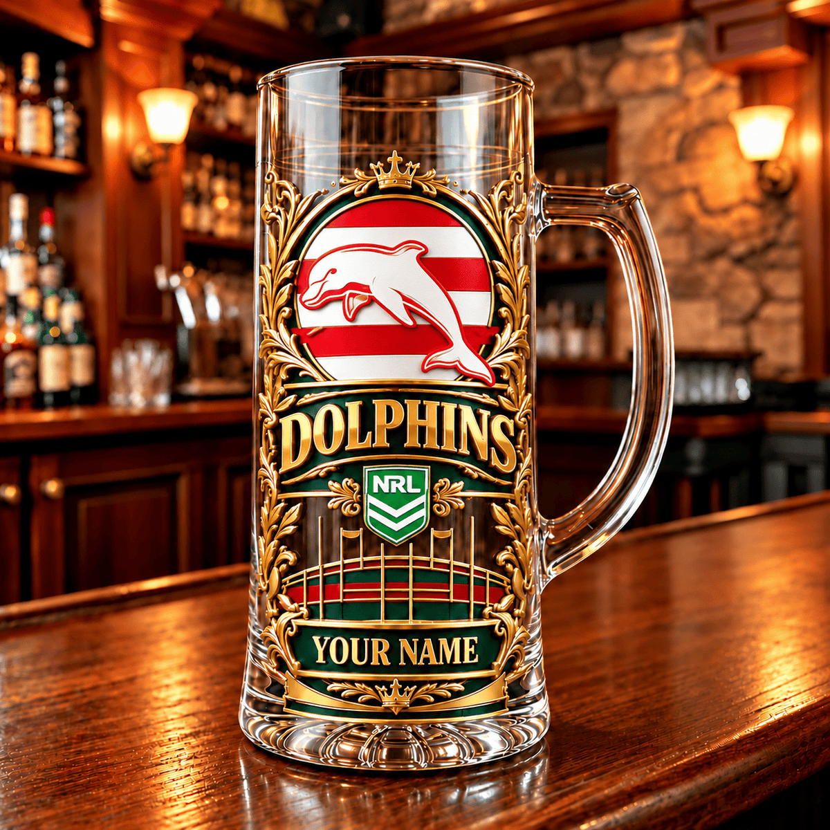 Dolphins NRL Team Handle Glass Mug Custom Any Name Gifts