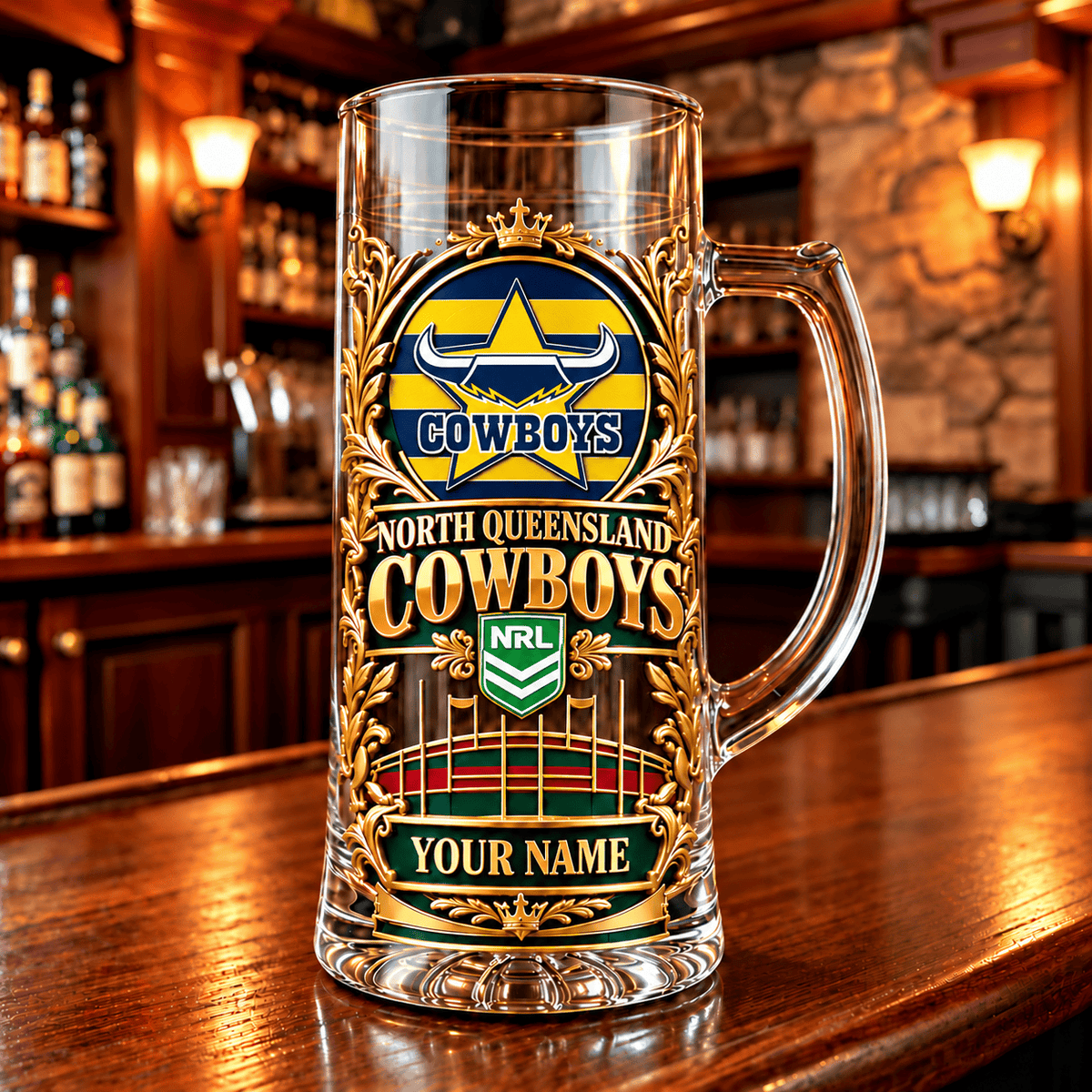 North Queensland Cowboys NRL Team Handle Glass Mug Custom Any Name Gifts