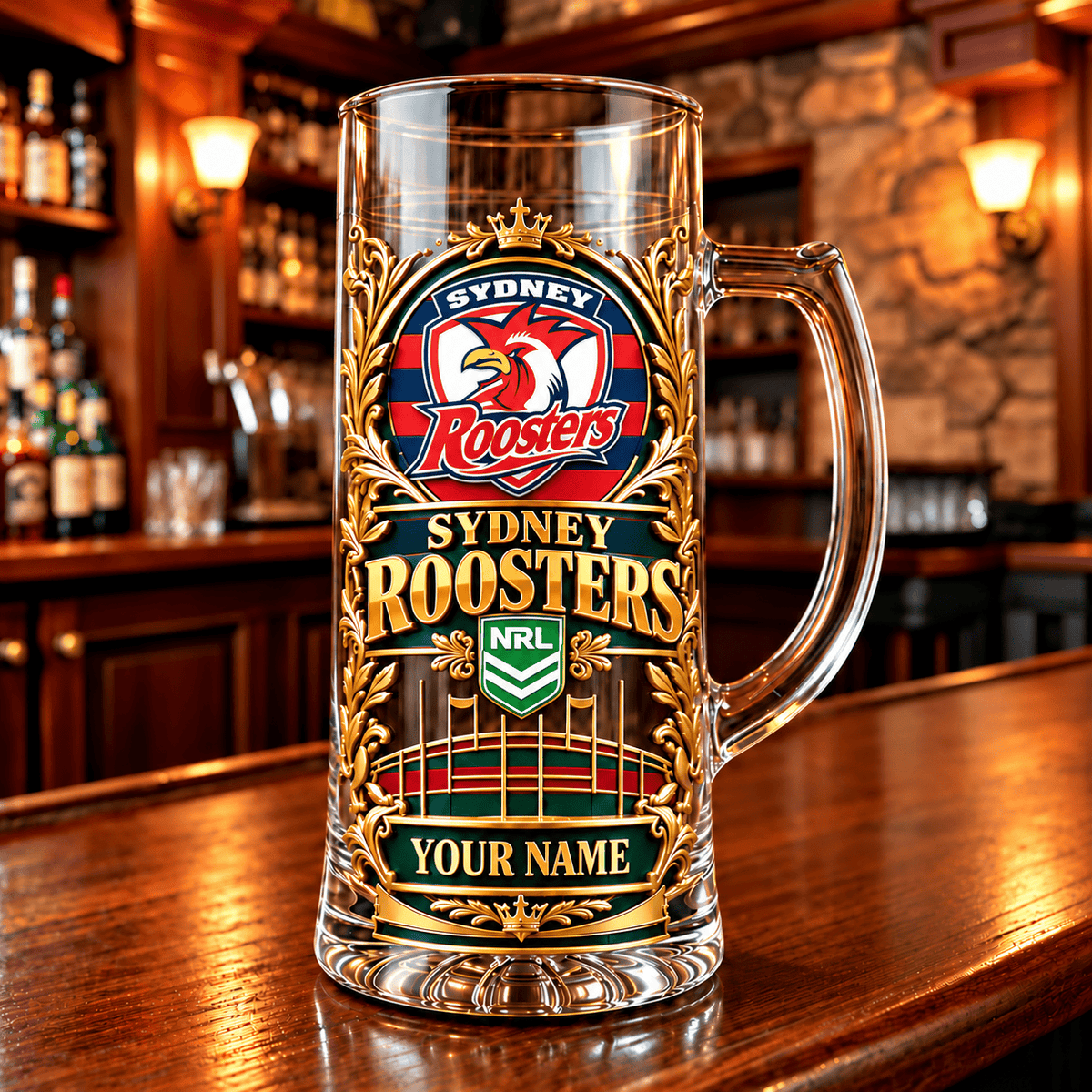 Sydney Roosters NRL Team Handle Glass Mug Custom Any Name Gifts