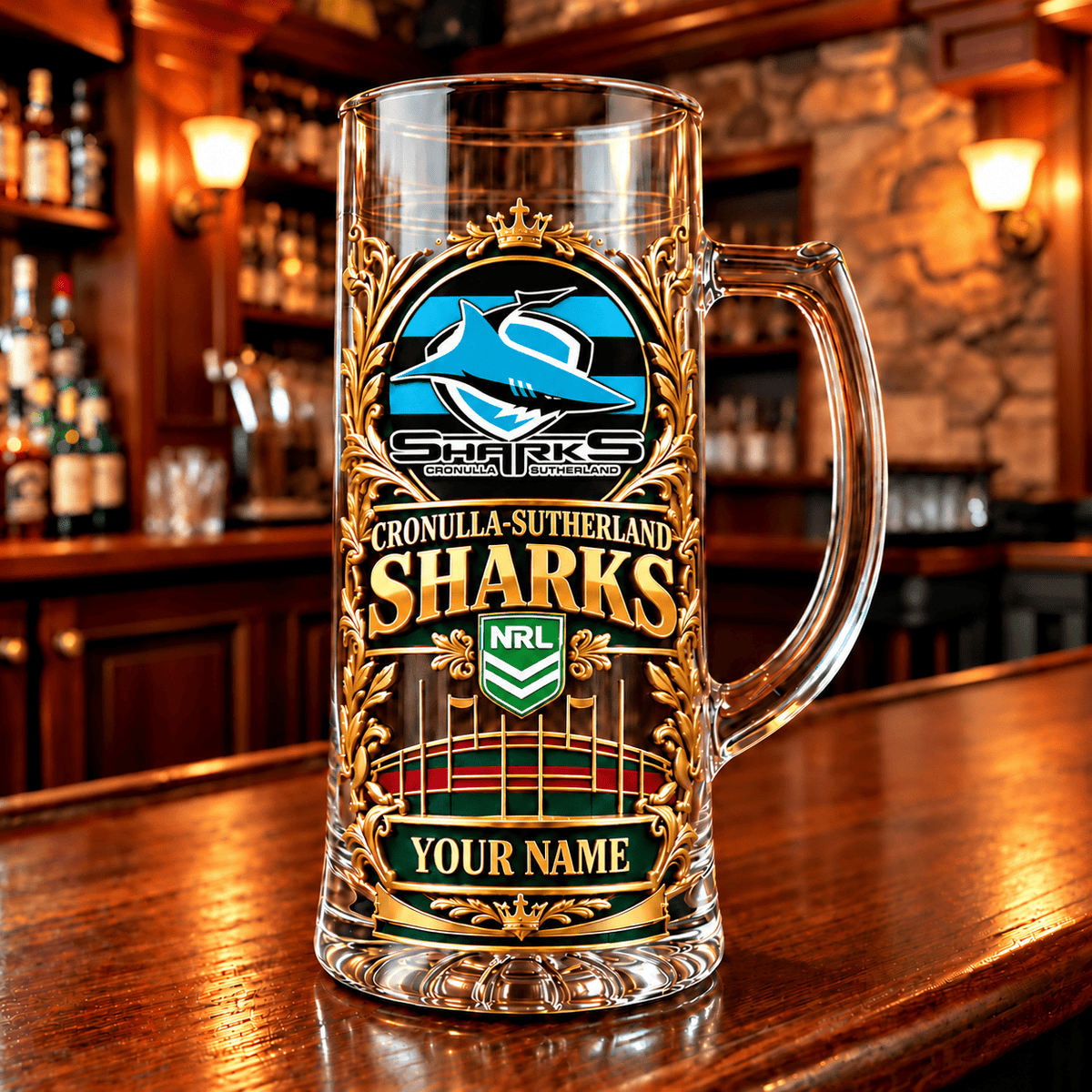 Cronulla-Sutherland Sharks NRL Team Handle Glass Mug Custom Any Name Gifts