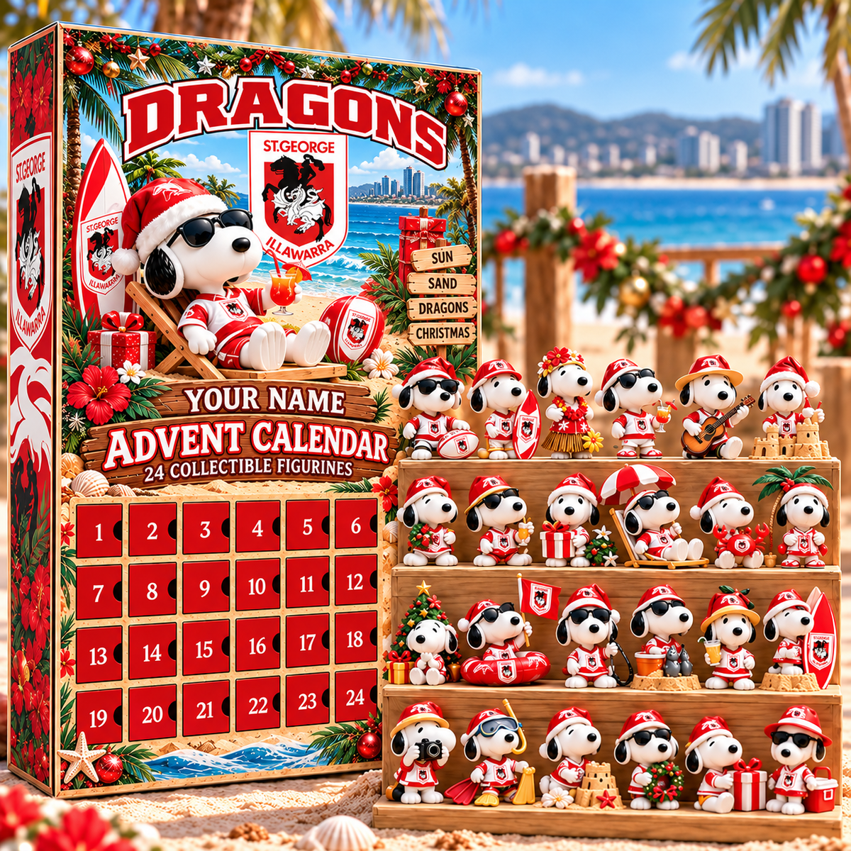 St George Illawarra Dragons AFL Snoopy Summer Advent Calendar Box Custom Any Name