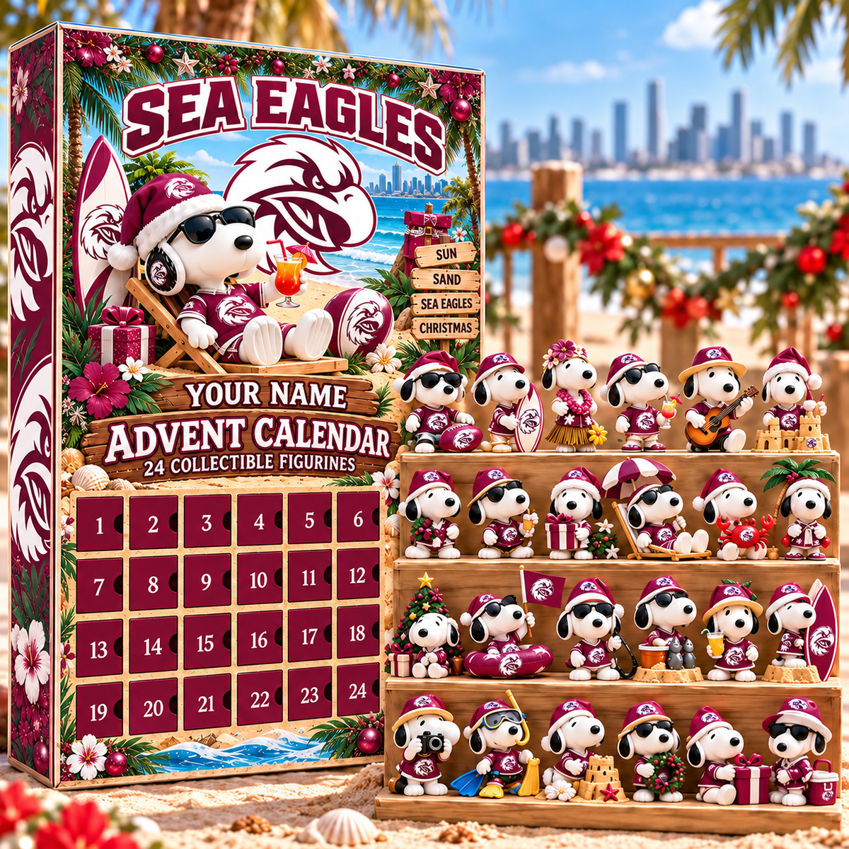 Manly Warringah Sea Eagles AFL Snoopy Summer Advent Calendar Box Custom Any Name