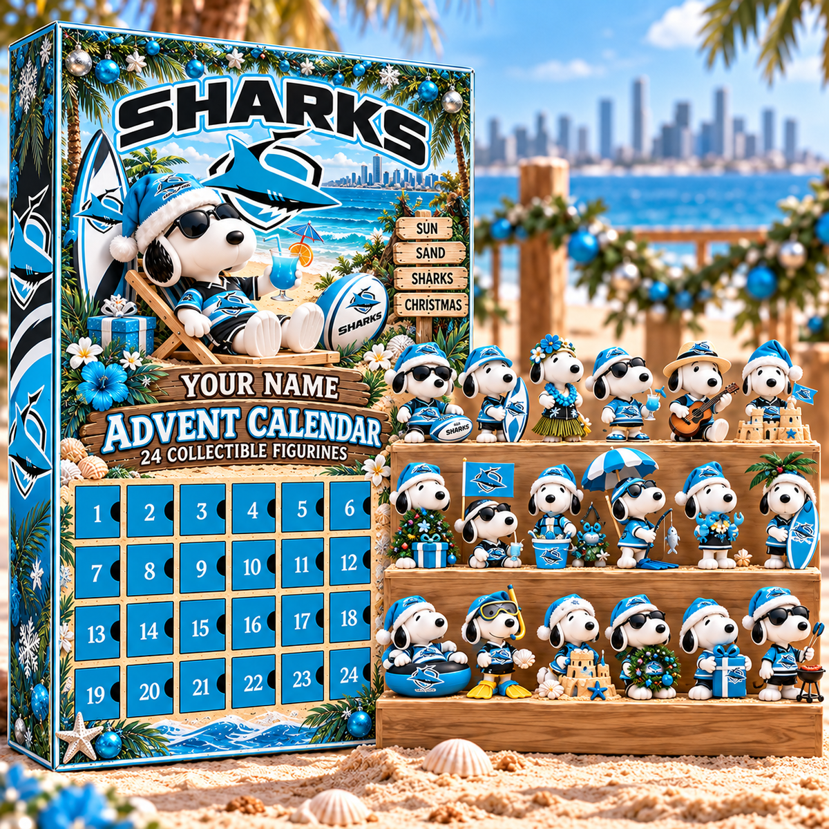 Cronulla-Sutherland Sharks AFL Snoopy Summer Advent Calendar Box Custom Any Name