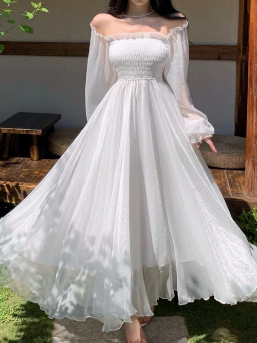 Horetong Elegant Maxi Dresses For Women White Off Shoulder Puff Long Sleeve Elastic High Waist Party Gown Dress