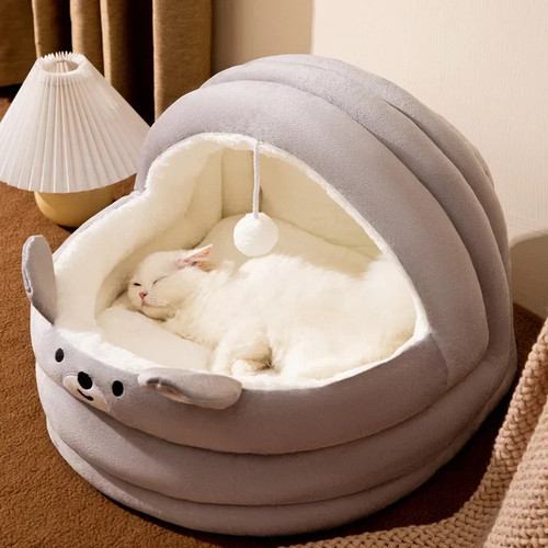 Cradle Warm Cat Bed Comfortable Cat House Made of Cotton with Interactive Toys and Non-slip Bottom and Sense of Security for Pet