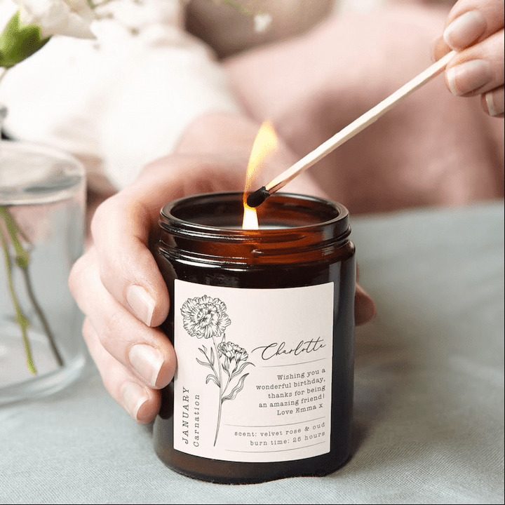 Birth Flower Birthday Gift Personalised Candle, Soy Wax
