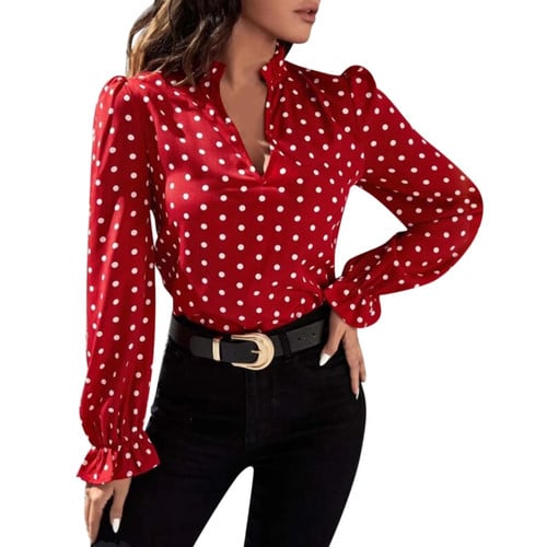 Pullover Polka Dot Printing Shirts Slim Fit Long Sleeve Blouses V Neck Bottom Tops