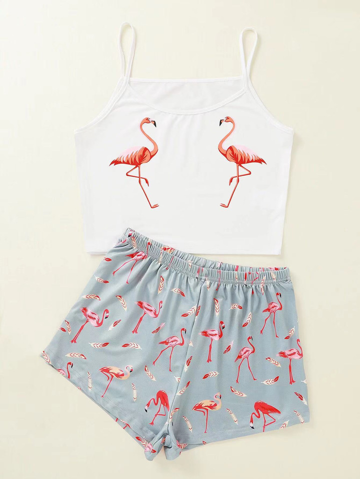 Lady’s Summer Flamingo Print Shorts Pajama Set