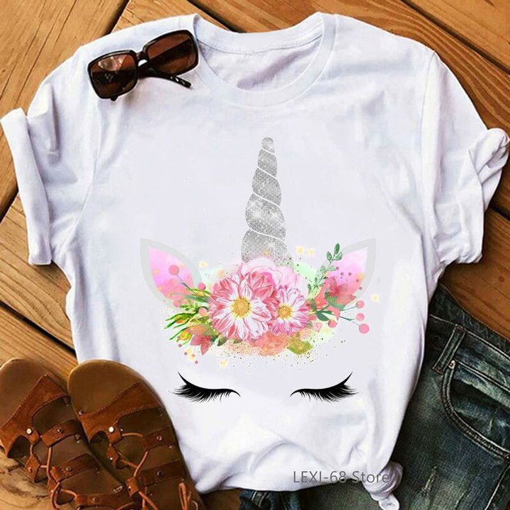 Unicorn Girl Graphic T Shirt Femme Flowers T shirt Female