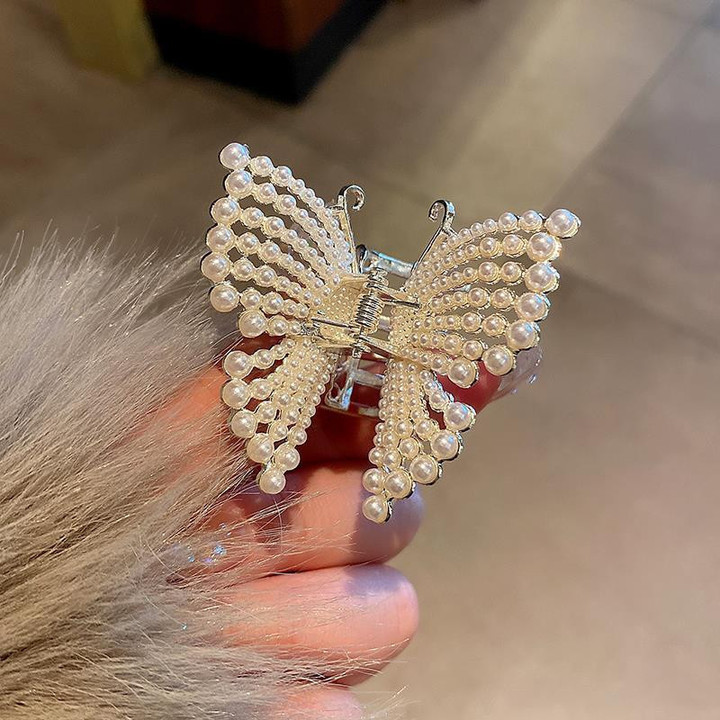 Butterfly Pearl Tassel Hair Claw Rhinestone Clip