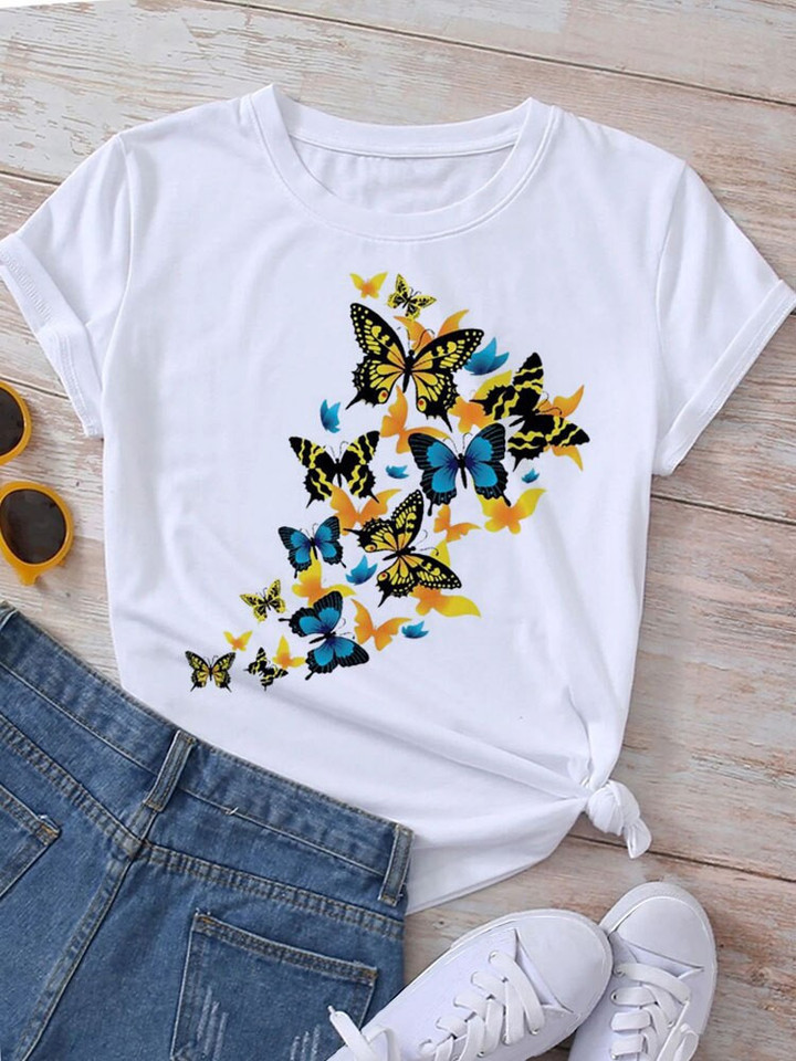 Butterfly Heart Print T Shirt Summer Tops Women T Shirt
