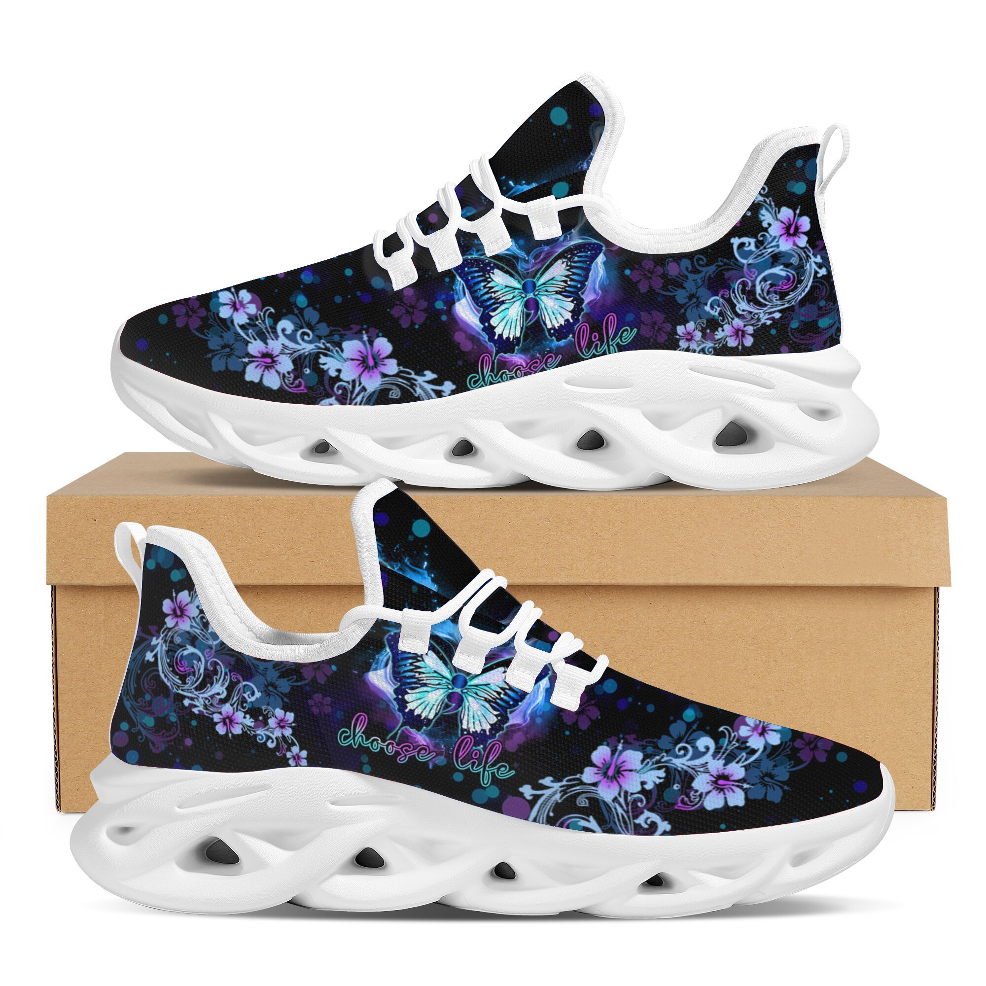 Butterfly Print Sneakers With Purple Flowers