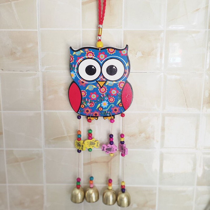 Peacock And Owl Animal Wind Spinner With Bells Double Side Painted Ornaments