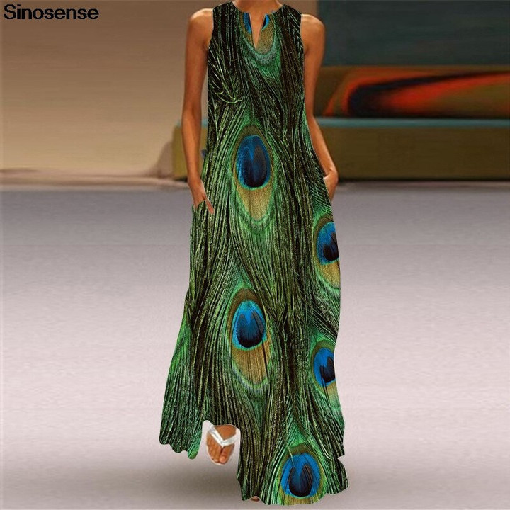 Peacock Sunflower Print Beach Dress
