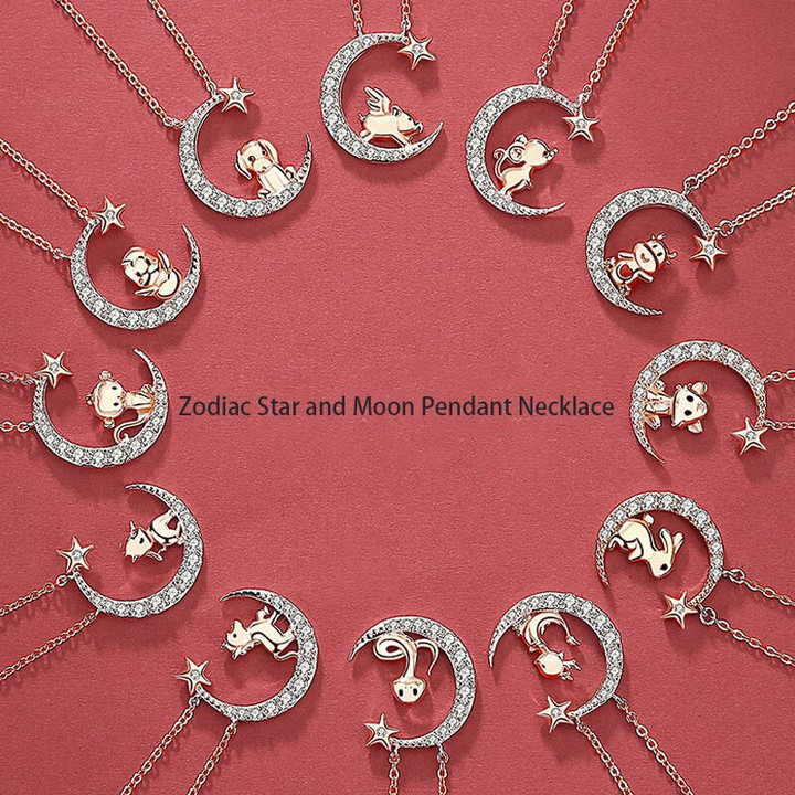 Cow Monkey Pig Dog Horse Chicken Dragon Pig Star And Moon Pendant Necklace