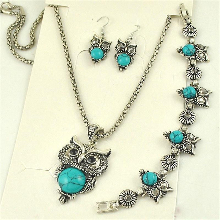 Owl Jewelry set Dangle pendant Necklace Bracelet