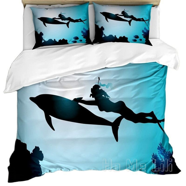 Dolphin Duvet Cover By Ho Me Lili Scuba Diver Girl Swimming Silhouette In Sea Fish Reefs Image Decorative Bedding Set