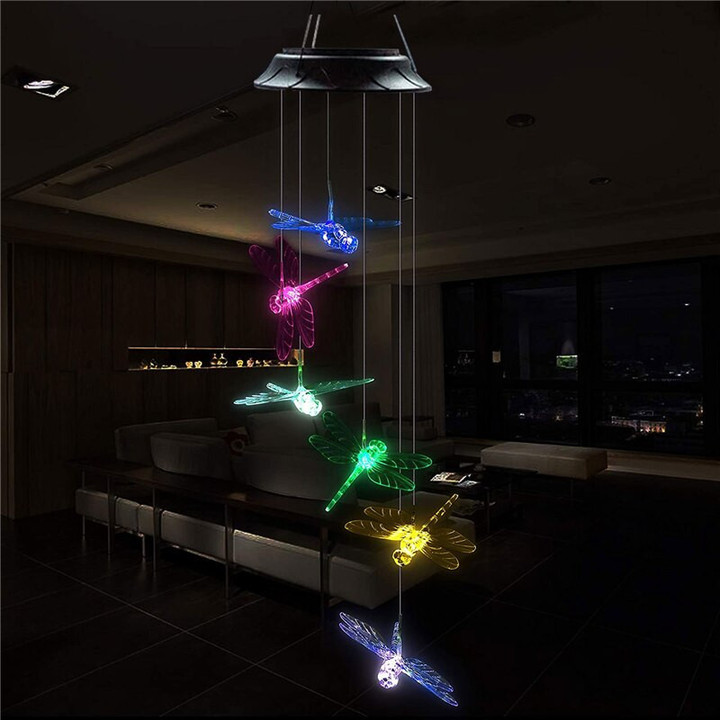 Dragonfly Wind Chime Lamp Solar LED Light Outdoor Waterproof 7 Colors Hanging Garden Festival Decor Lamp Solar Light