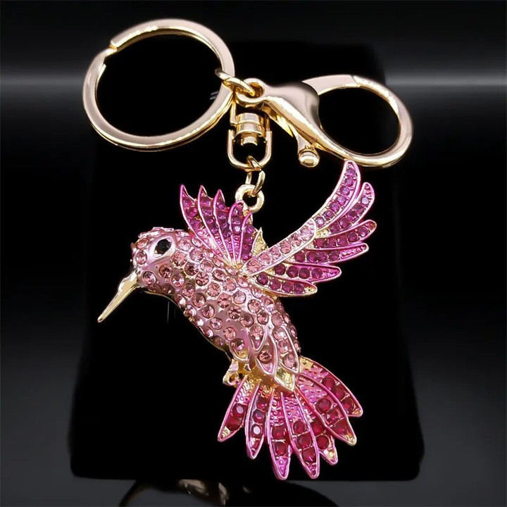 Pink Hummingbird Keychain for Women Men Rhinestone Gold Color Alloy Animal Birds Purse Bag Key Chain Jewelry llavero K9217S01