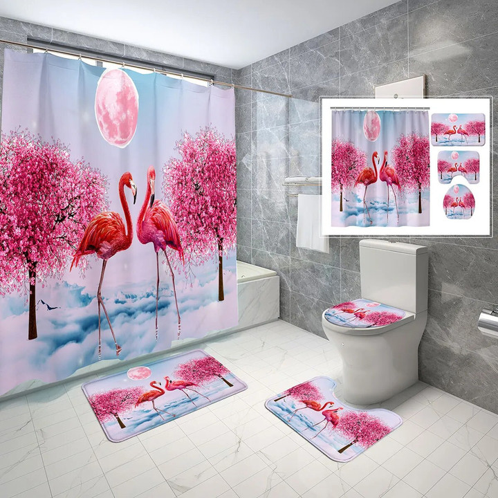 Flamingo Shower Curtain Sets 4 Pcs with Non-Slip Rugs Mat Toilet Lid Pink Birds Wildlife Animal Waterproof Shower Curtain Set