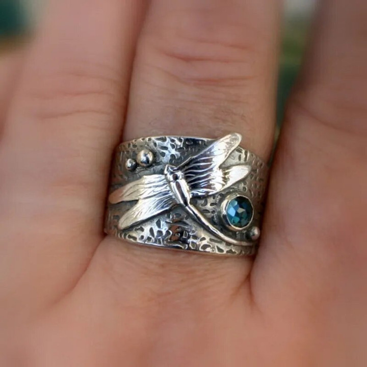 Dragonfly Ring Boho Ladies Inlaid Blue Ston Silver Color Ring