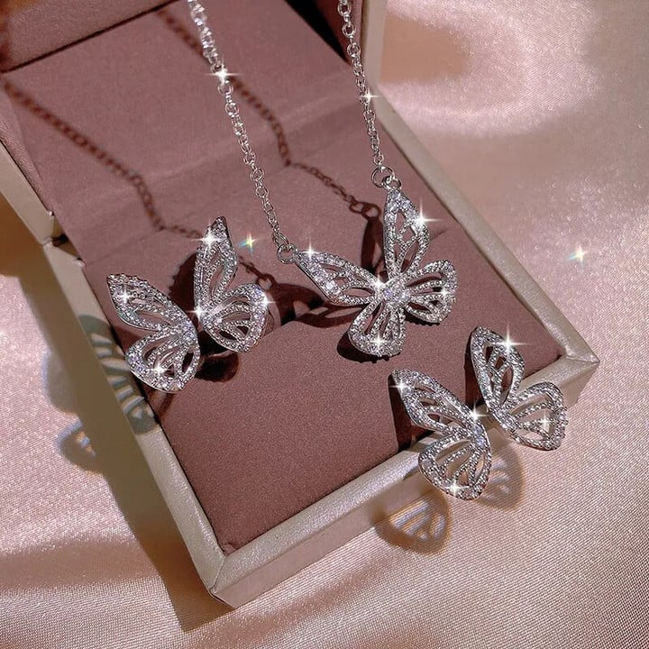 Silver Elegant Fairy Butterfly White Zircon Set Ring Stud Necklace Ladies Party Engagement Jewelry Bridal Gift