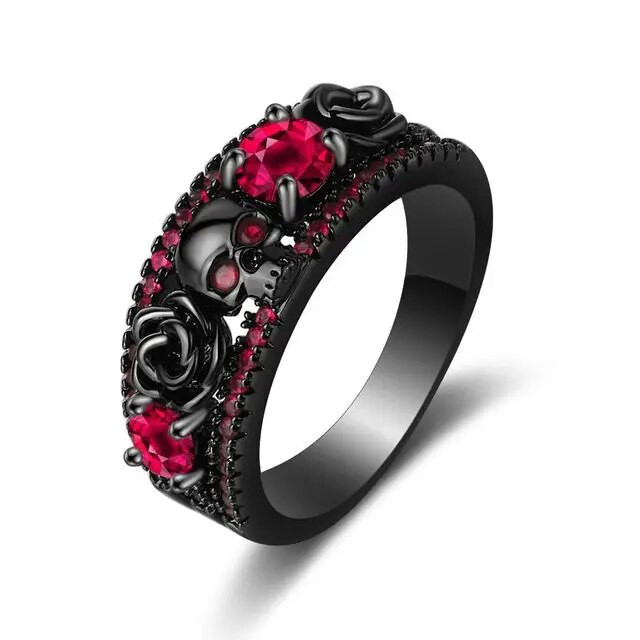 Western Punk Flower Skull Rings Vintage Red Zircon Black Copper Rings for Fashion Jewelry Gifts