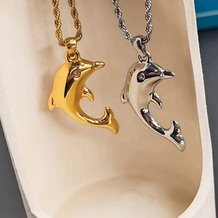 Hiphop Dolphin Cute Animal Pendand Necklace Collars Women Accessories Stainless Steel High Polished Rope Chains Necklace Party