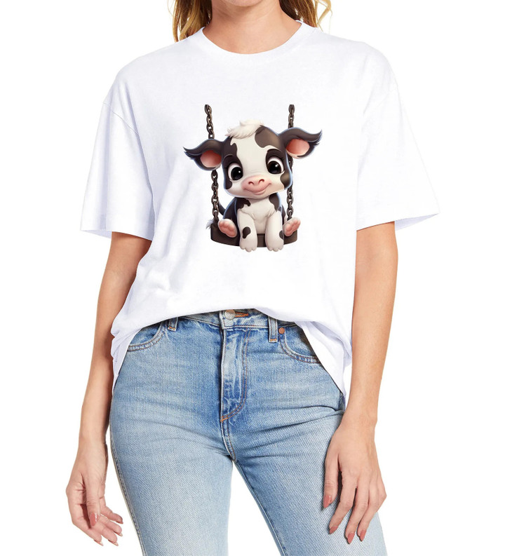 Dairy Cow Printing 100% Cotton Male and female Short Sleeve T-Shirt