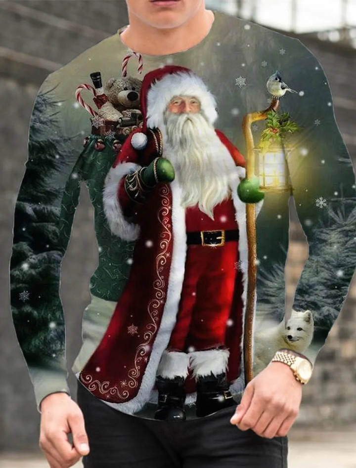 Fashion Men's Christmas Seris Long Sleeve T shirts 3d Printed Santa Claus snowman Graphic Casual O-neck oversize casual tee