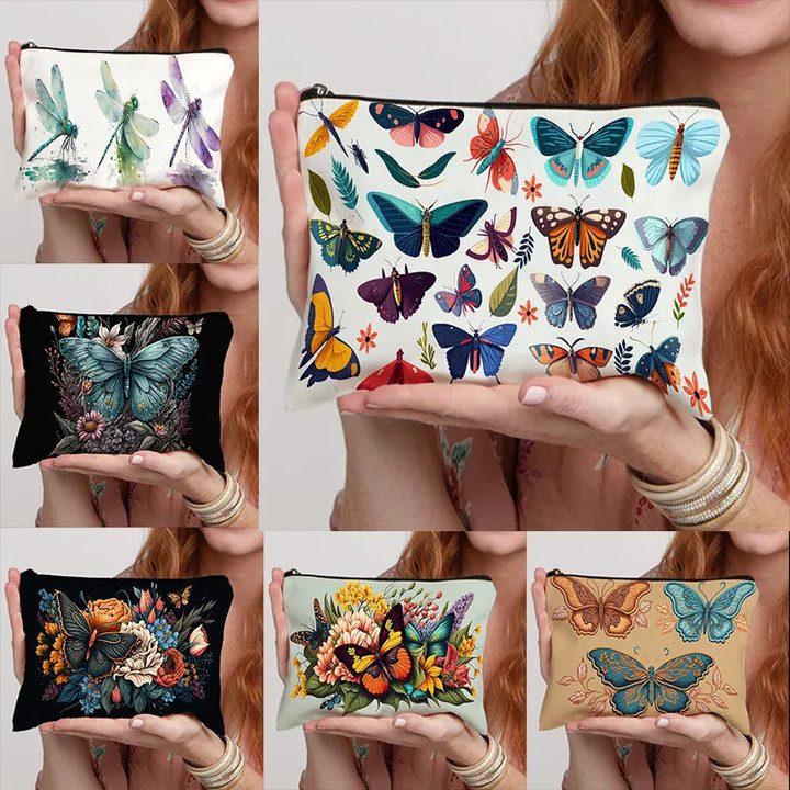 Butterfly Dragonfly and Flower Makeup Pouch