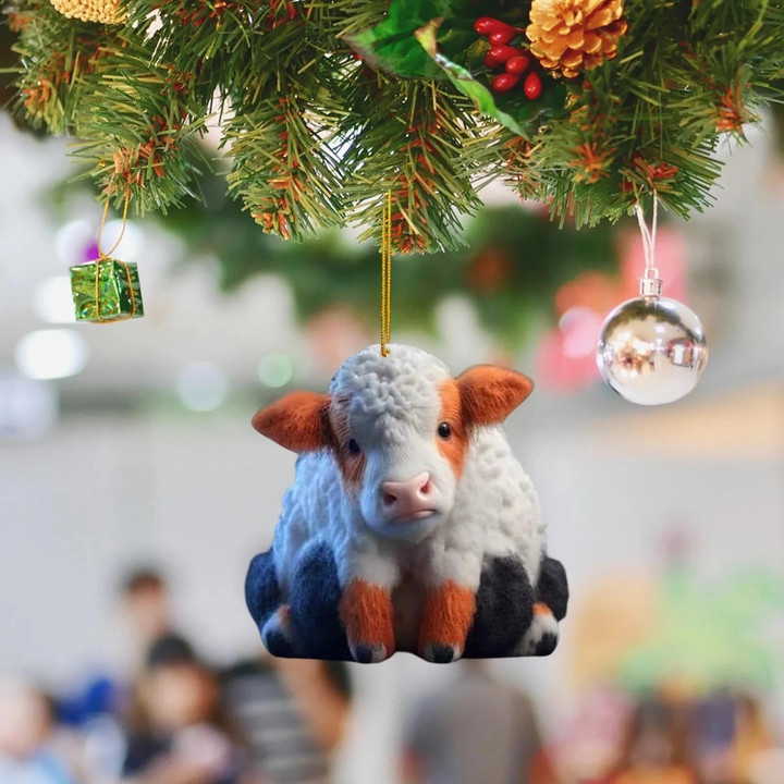 2024 Christmas Tree Pendant Acrylic Flat Cute Cartoon Cow Car Hanging Ornament Home Decor Xmas Supplies Navidad(Not 3d Statue)