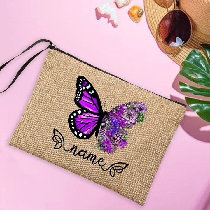 Butterfly Custom Name Women's Pouches Linen Makeup Bag Personalised Travel Clutch Bags Beach Sunglasses Sunscreen Storage Gifts