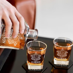 CLAWSON - WHISKEY SET (Wooden box + Decanter + 4 Glasses + 4 Coasters)