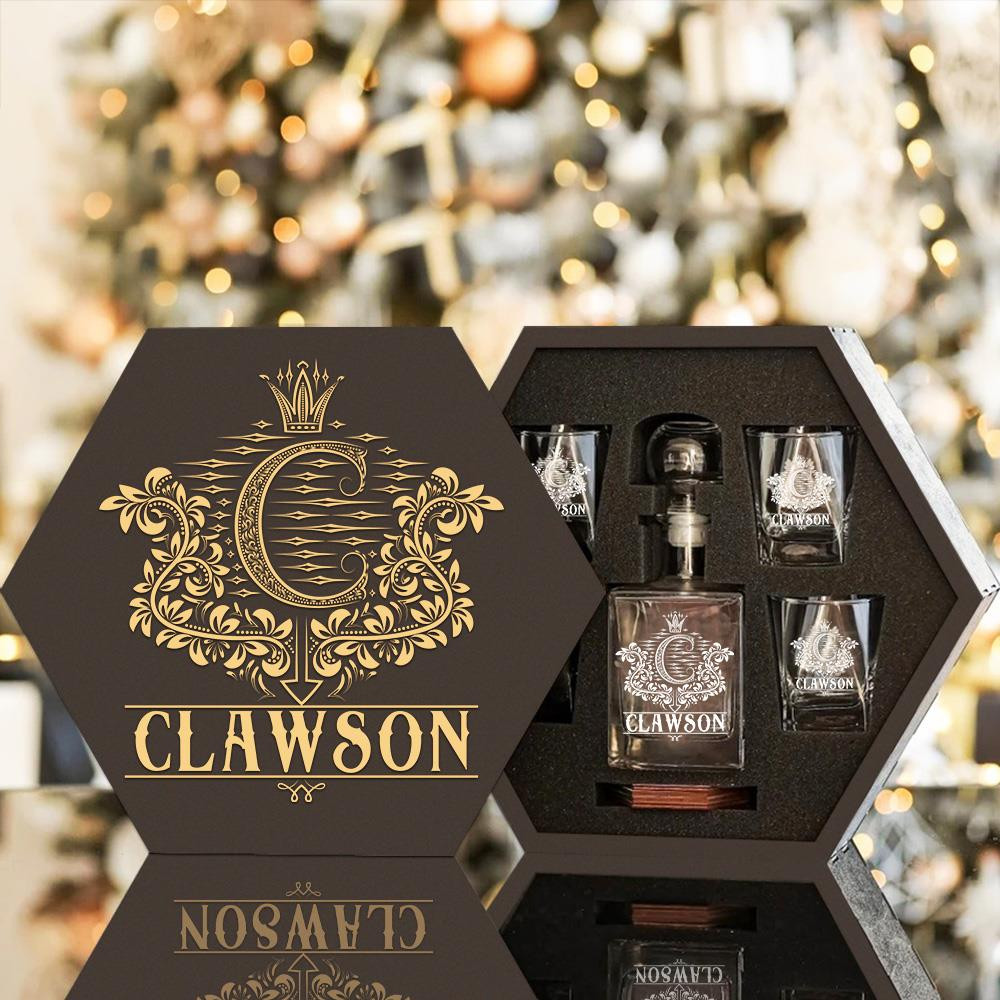 CLAWSON - WHISKEY SET (Wooden box + Decanter + 4 Glasses + 4 Coasters)