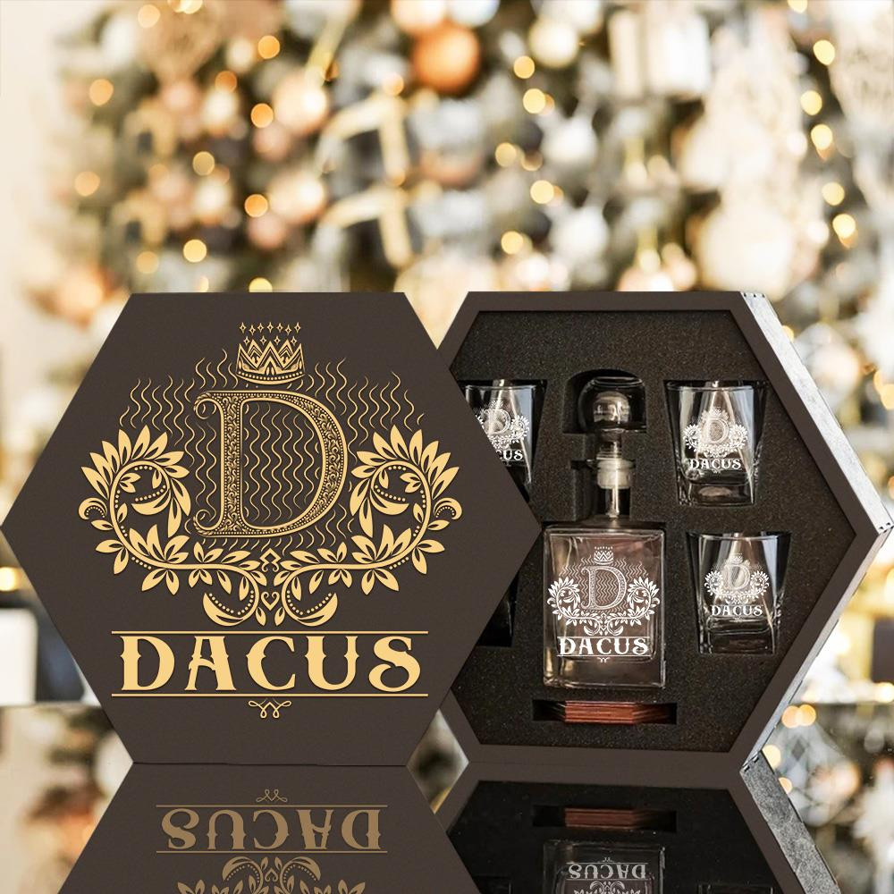 DACUS - WHISKEY SET (Wooden box + Decanter + 4 Glasses + 4 Coasters)