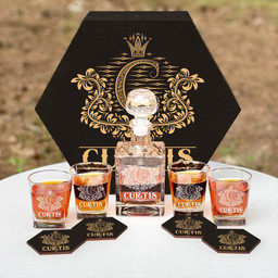 CURTIS - WHISKEY SET (Wooden box + Decanter + 4 Glasses + 4 Coasters)