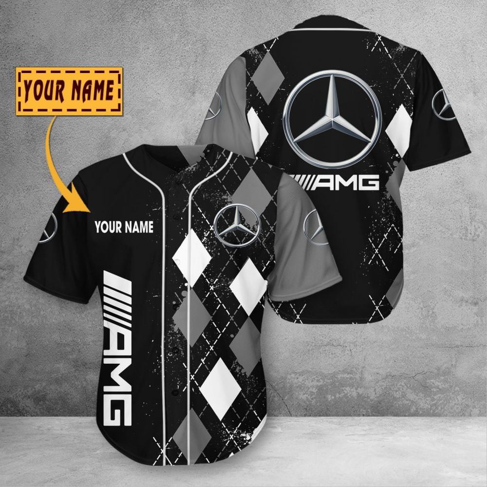 Custom Name Mercedes AMG Logo Gray White Rhombus Pattern Black Basebal ...