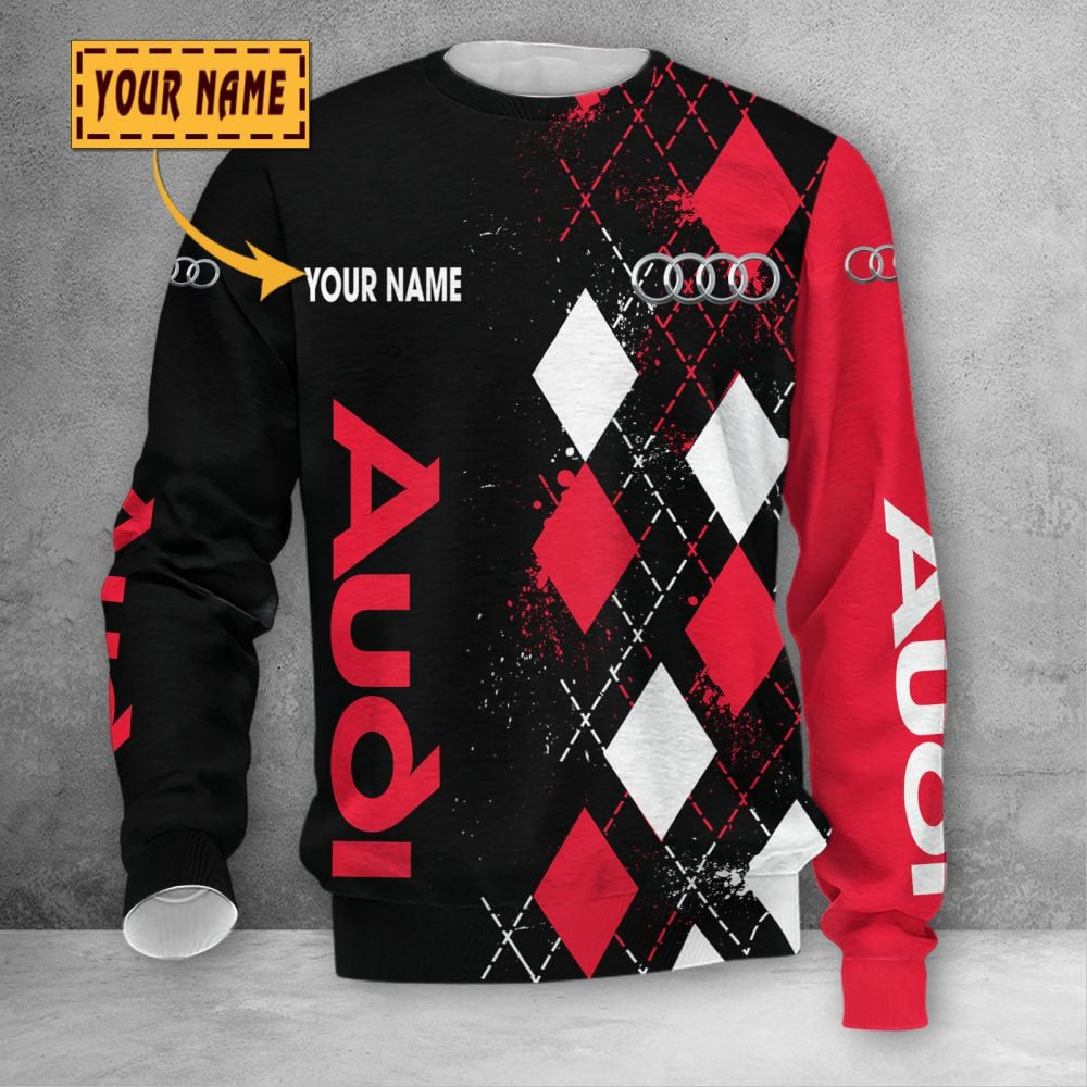 Custom Name Audi Logo Red White Rhombus Pattern Black 3D Long Sleeve ...