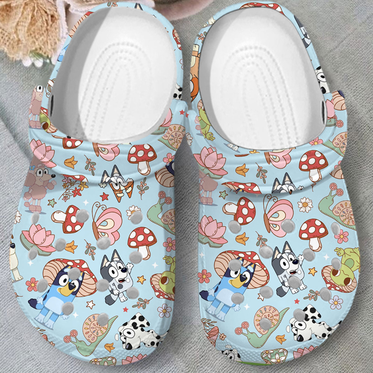 Bluey And Bingo Mushroom Butterfly And Snail Blue Classic Clogs Shoes ...